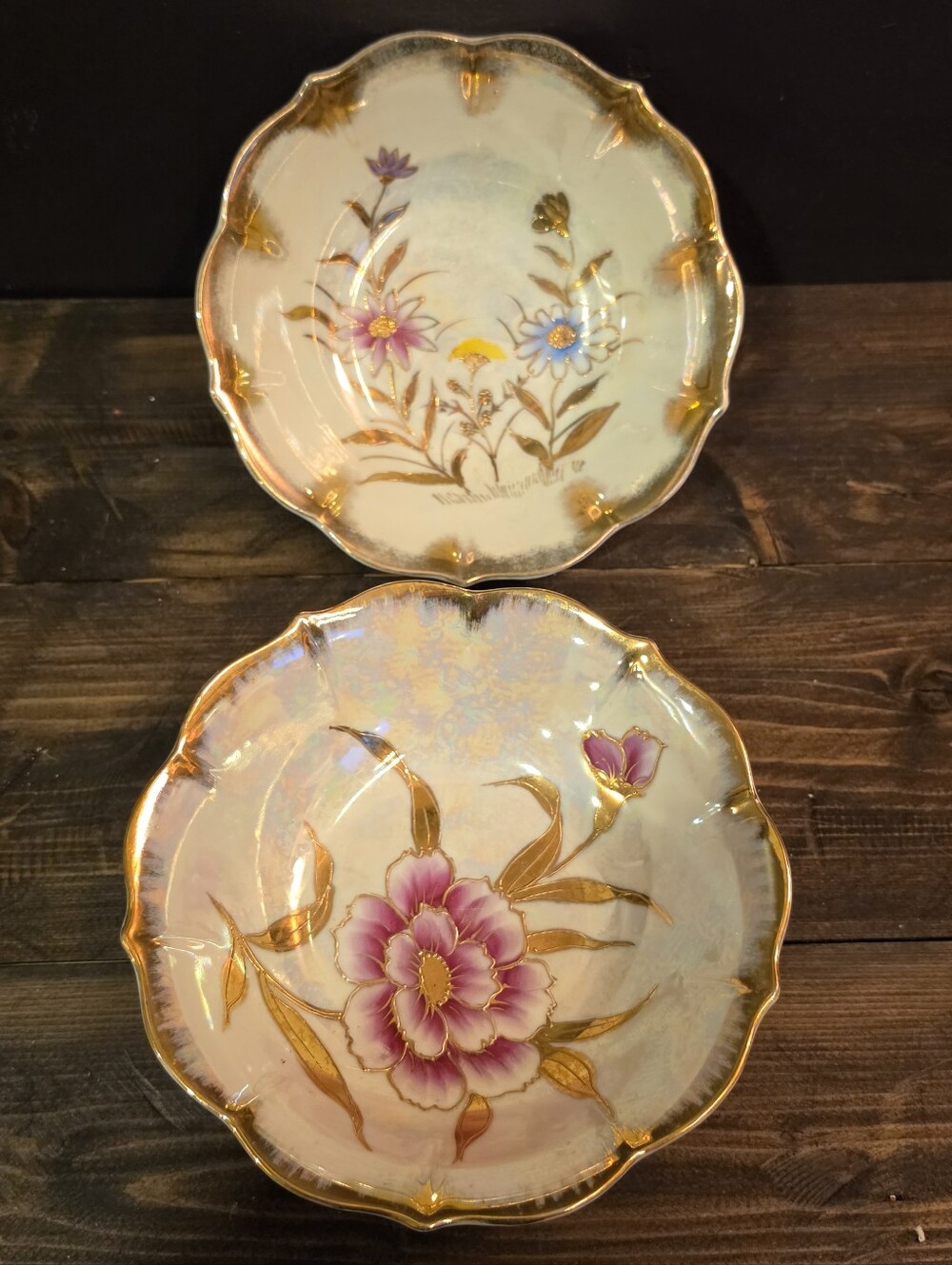 VTG Lusterware Iridescent Floral Bowls Scalloped Gold Trim 7" Lot of 2 Japan